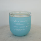 Cotton Tree & Freesia candle with lid on – hand-poured soy wax candle in matte glass vessel