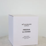 Wick2Ware Freesia & Lychee candle box – minimalist white packaging, 350g soy wax candle