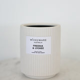 Freesia & Lychee candle in white ribbed ceramic jar – single wick, no lid