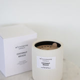 Wick2Ware Coconut Beach candle with gift box – white ribbed ceramic vessel, tropical scented soy candle