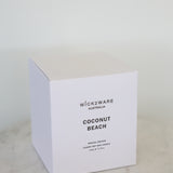 Coconut Beach candle packaging – minimalist white box, luxury soy wax candle 350g