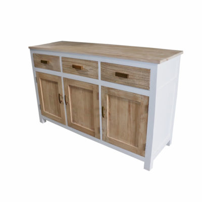 White mindi wood side unit with 3 natural finish drawers and doors
