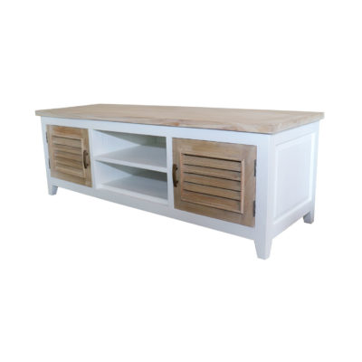 wooden white and natural finish TV Unit with 2 shelves and 2 drawers