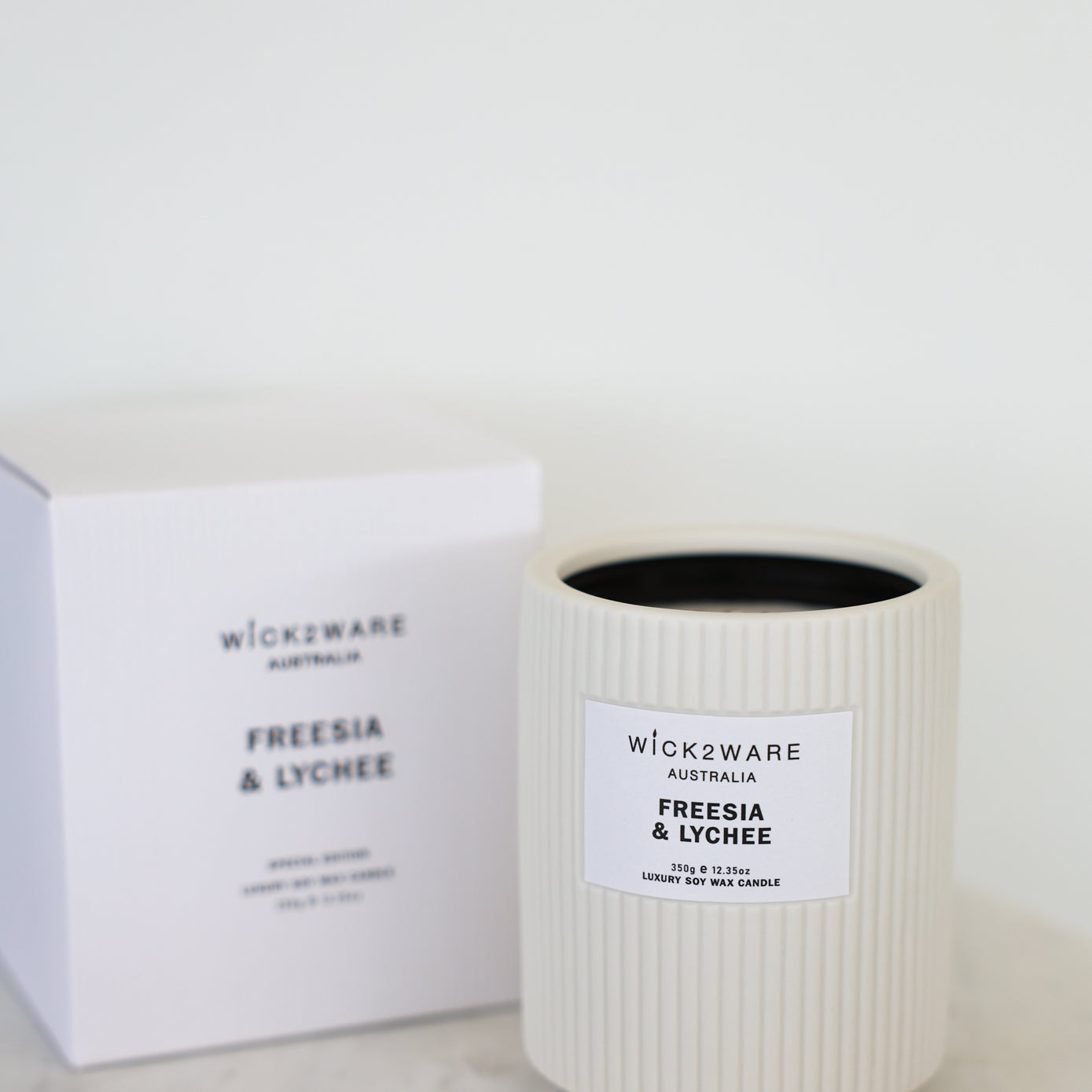 Wick2Ware Freesia & Lychee candle with gift box – white ceramic vessel, floral scented candle