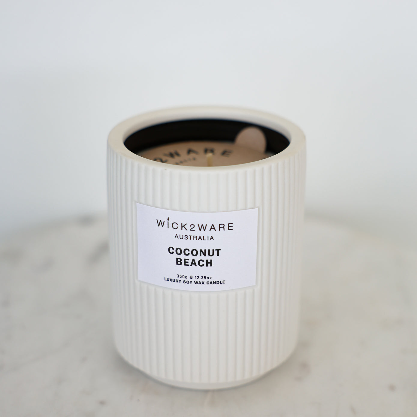 Coconut Beach candle by Wick2Ware – white ceramic jar with single wick, no lid